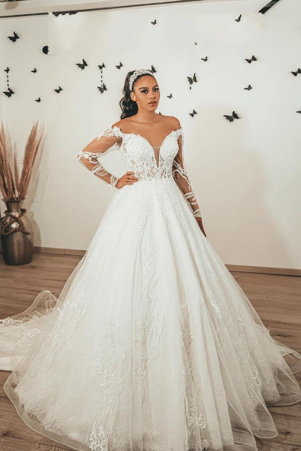 Classy A-Line Sweetheart Long Sleeves Floor-length Tulle Wedding Dress With Appliques Lace-Wedding Dresses-BallBride