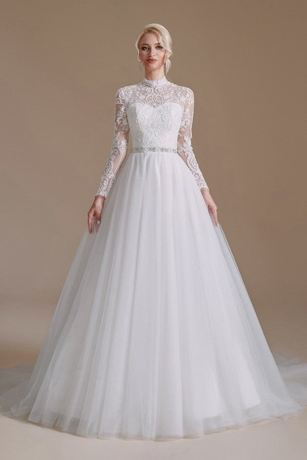 Classy and Elegant Long Sleeves Wedding Dress with Tulle Lace-Wedding Dresses-BallBride