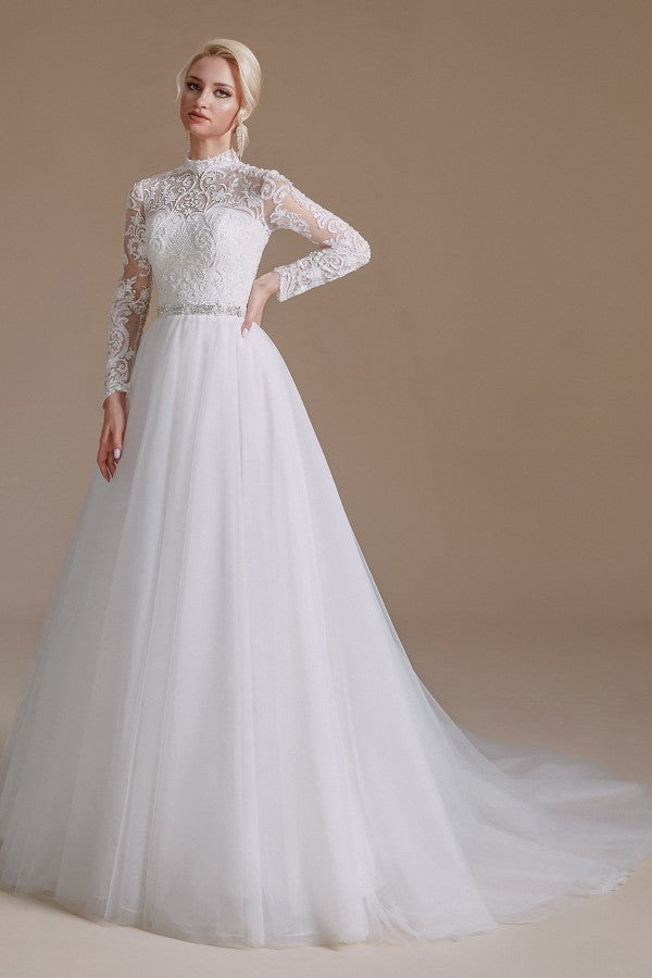 Classy and Elegant Long Sleeves Wedding Dress with Tulle Lace-Wedding Dresses-BallBride