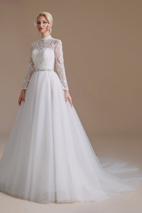 Classy and Elegant Long Sleeves Wedding Dress with Tulle Lace-Wedding Dresses-BallBride