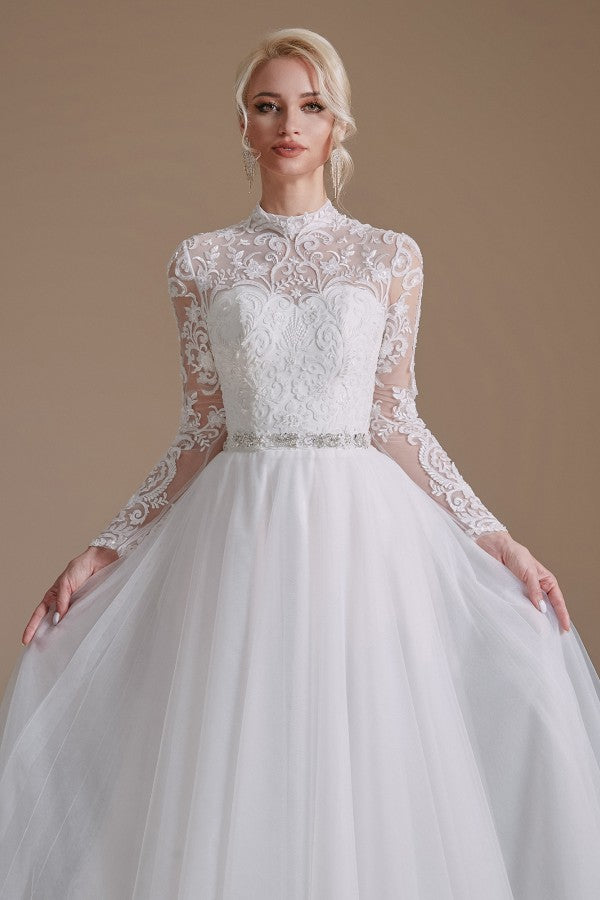 Classy and Elegant Long Sleeves Wedding Dress with Tulle Lace-Wedding Dresses-BallBride