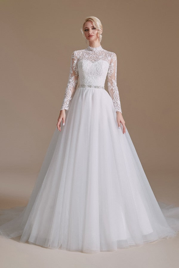 Classy and Elegant Long Sleeves Wedding Dress with Tulle Lace-Wedding Dresses-BallBride