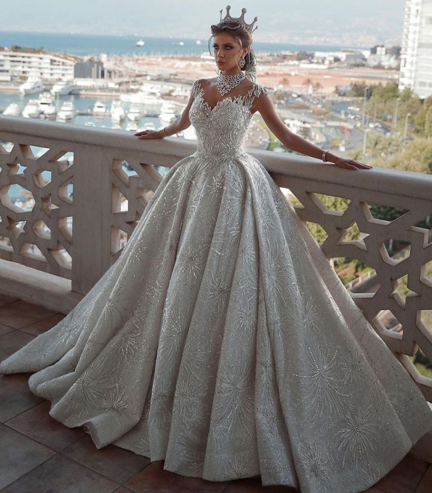Classy Ball Gown Wedding Dress with Cap Sleeves and Beadings-Wedding Dresses-BallBride