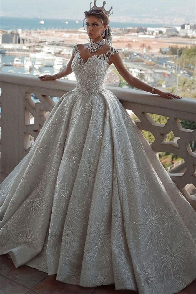 Classy Ball Gown Wedding Dress with Cap Sleeves and Beadings-Wedding Dresses-BallBride