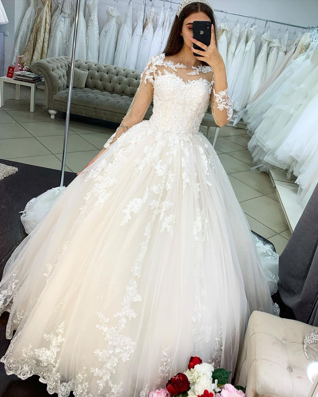 Classy Bateau Long Sleeve Princess Wedding Dress with Appliques and Lace Tulle-Wedding Dresses-BallBride