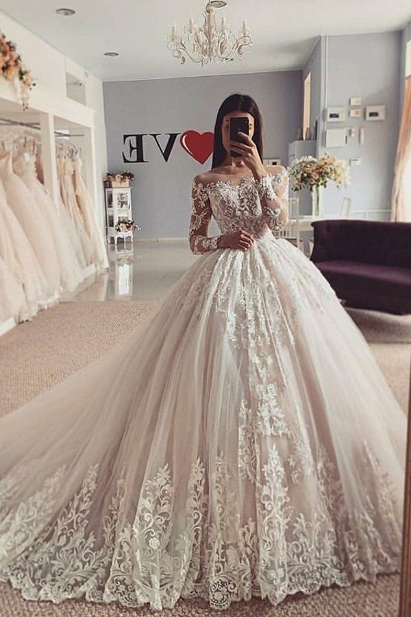 Classy Bateau Long Sleeves A-Line Floor-length Tulle Wedding Dress With Appliques Lace-Wedding Dresses-BallBride