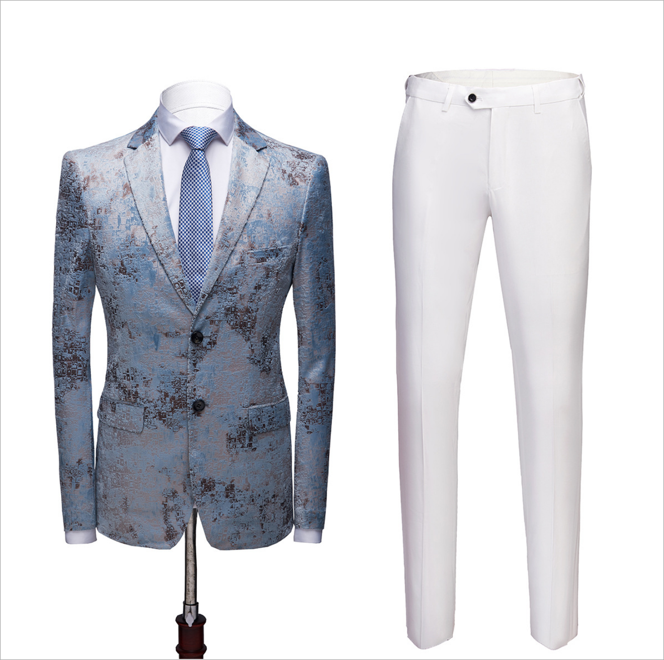 Classy Blue Notched Lapel Wedding Suit for Men's Party with White Pants-Wedding Suits-BallBride