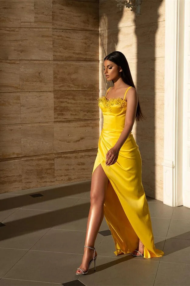 Classy Bright Yellow Starps Mermaid Evening Dress Slit Long With Beads-BallBride