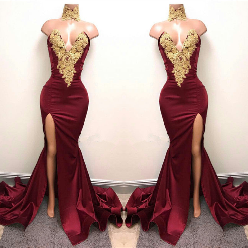 Classy Burgundy Mermaid Prom Dress with Gold Appliques-Occasion Dress-BallBride