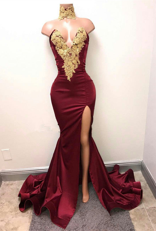 Classy Burgundy Mermaid Prom Dress with Gold Appliques-Occasion Dress-BallBride