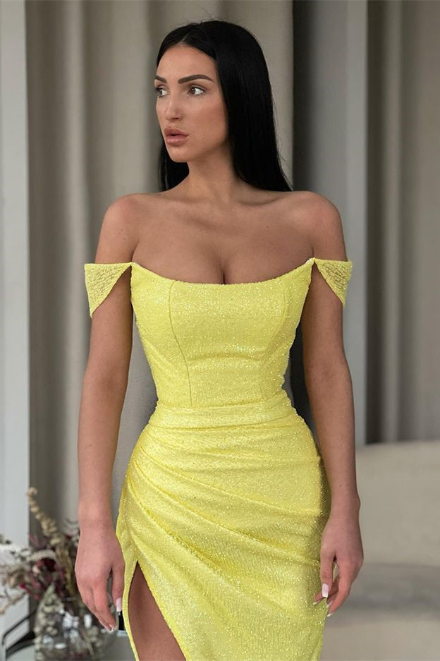 Classy Daffodil Off-the-Shoulder Mermaid Prom Dress with Split Sequins-Occasion Dress-BallBride