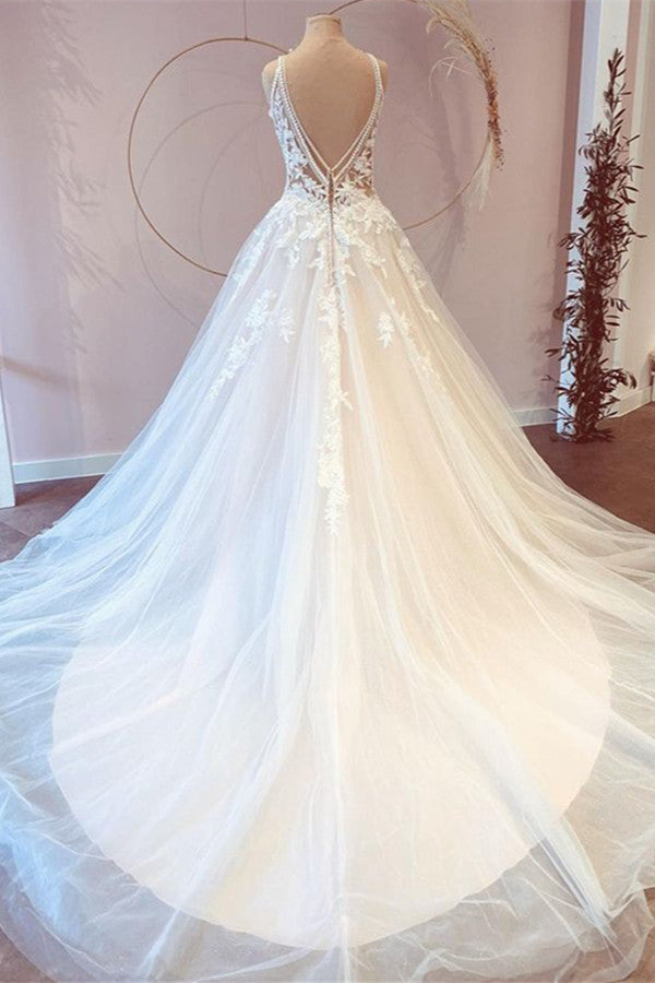 Classy Long Princess Sweetheart Lace Wedding Dress With Tulle Appliques-Wedding Dresses-BallBride