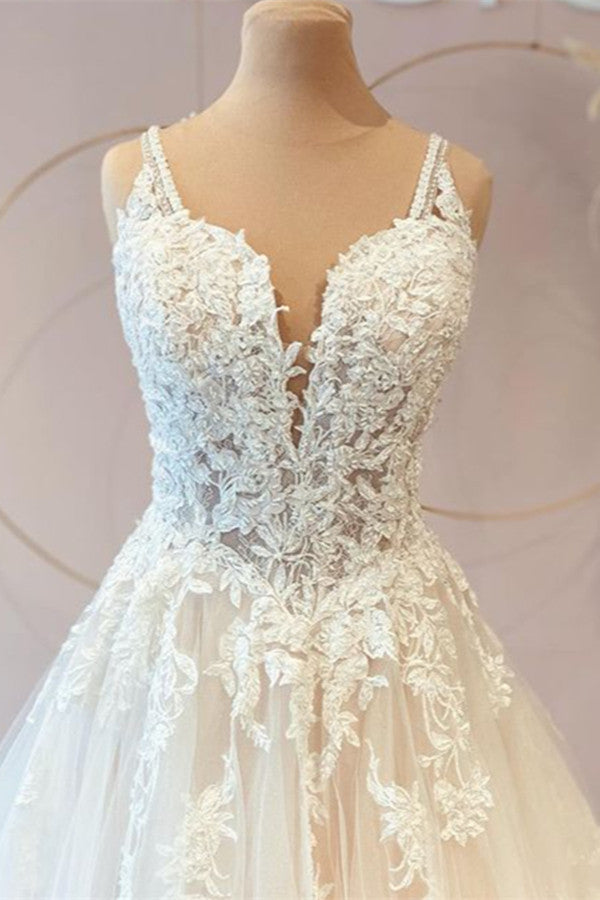 Classy Long Princess Sweetheart Lace Wedding Dress With Tulle Appliques-Wedding Dresses-BallBride