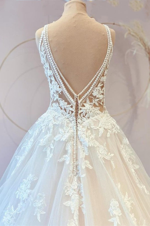 Classy Long Princess Sweetheart Lace Wedding Dress With Tulle Appliques-Wedding Dresses-BallBride