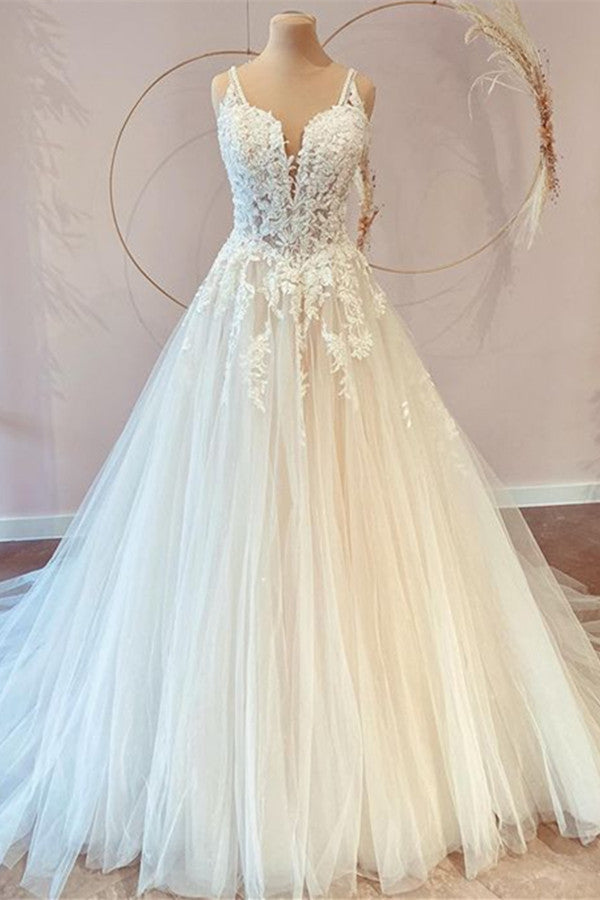 Classy Long Princess Sweetheart Lace Wedding Dress With Tulle Appliques-Wedding Dresses-BallBride