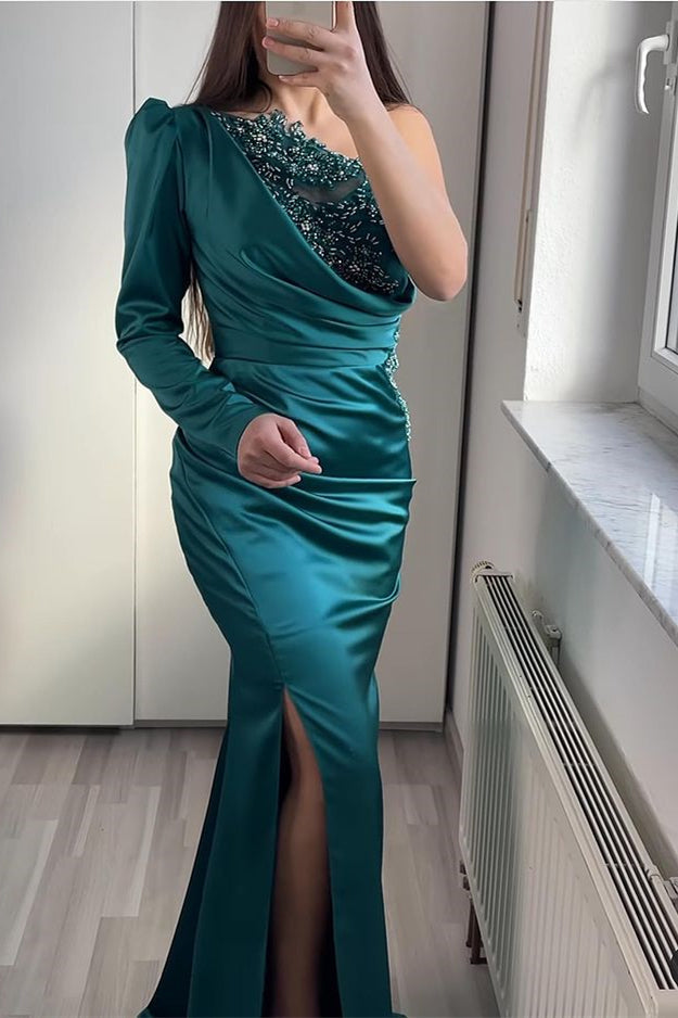 Classy Mermaid Prom Dress with One Shoulder Split and Beadings-Occasion Dress-BallBride