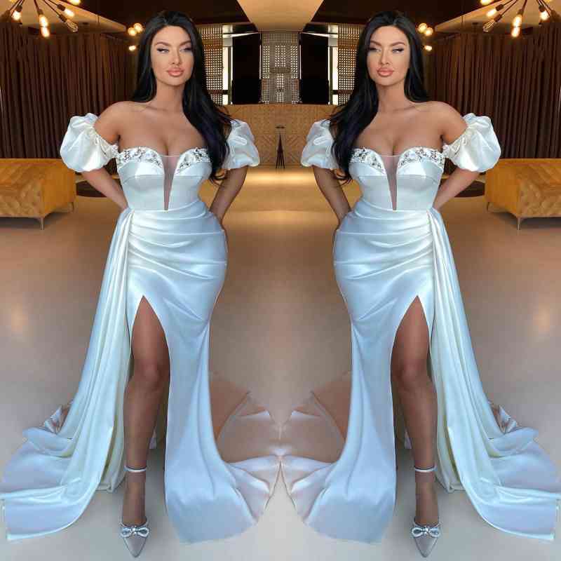 Classy Off-the-Shoulder Beaded White Prom Dress with Mermaid Slit Pleats-Occasion Dress-BallBride