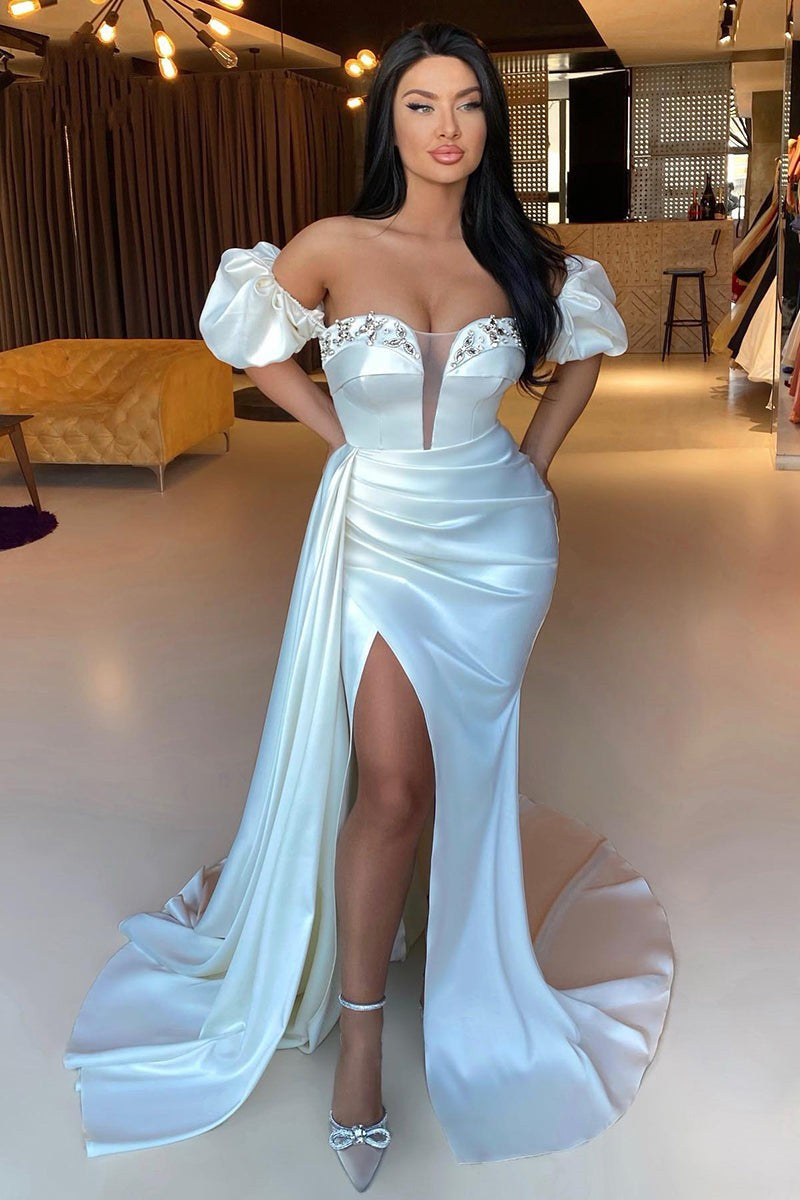 Classy Off-the-Shoulder Beaded White Prom Dress with Mermaid Slit Pleats-Occasion Dress-BallBride
