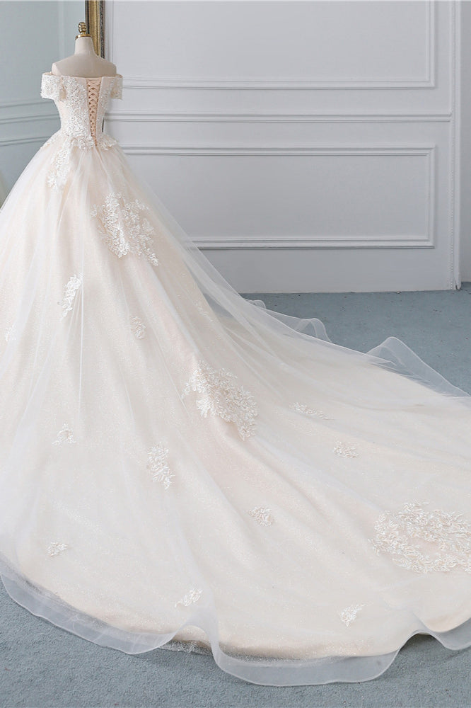 Classy Off-the-Shoulder Wedding Dress With Lace Appliques-Wedding Dresses-BallBride