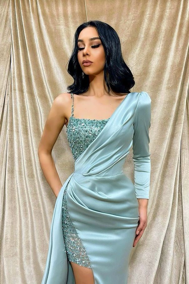 Classy One Shoulder Long Sleeved Mermaid Prom Dress with Sequins Splits-Occasion Dress-BallBride