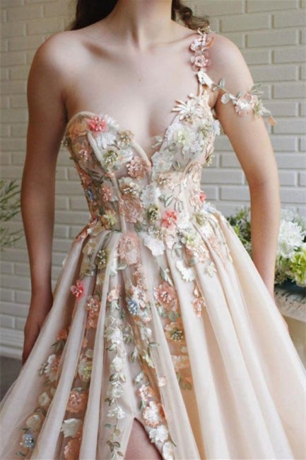 Classy One Shoulder Prom Dress in Tulle with Flowers Split-Occasion Dress-BallBride