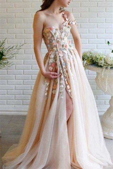Classy One Shoulder Prom Dress in Tulle with Flowers Split-Occasion Dress-BallBride
