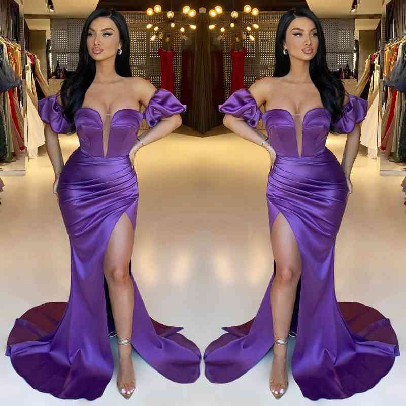 Classy Purple Off-the-Shoulder Prom Dress with Mermaid Slit & Pleats-Occasion Dress-BallBride