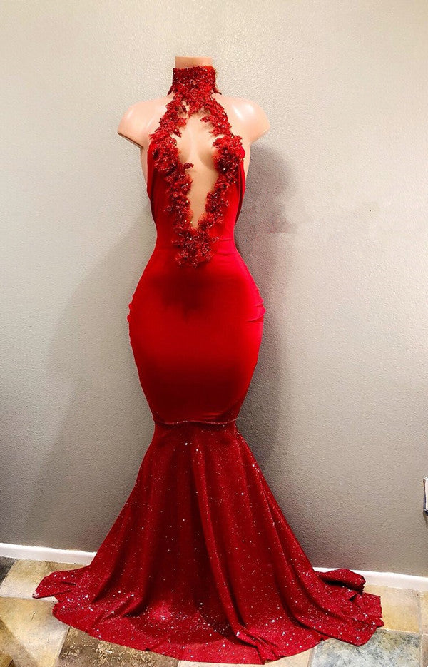 Classy Red High Neck Mermaid Prom Dress With Appliques-Occasion Dress-BallBride