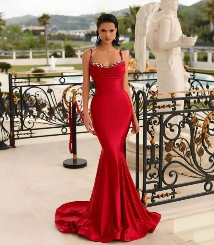 Classy Red Mermaid Long Evening Dress Straps With Beads Sleeveless-BallBride