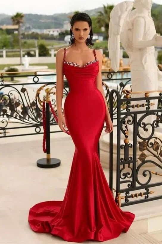 Classy Red Mermaid Long Evening Dress Straps With Beads Sleeveless-BallBride