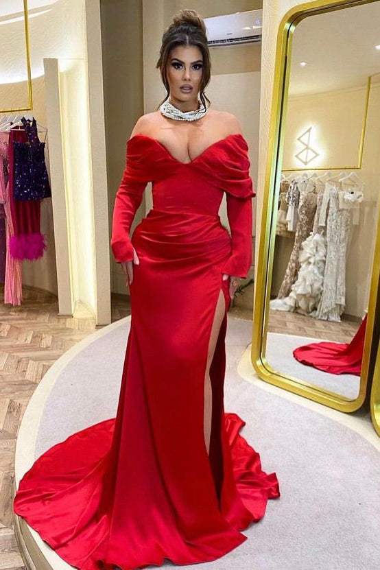 Classy Red Mermaid Prom Dress with Long Sleeves, Off-the-Shoulder, and Slit-Occasion Dress-BallBride