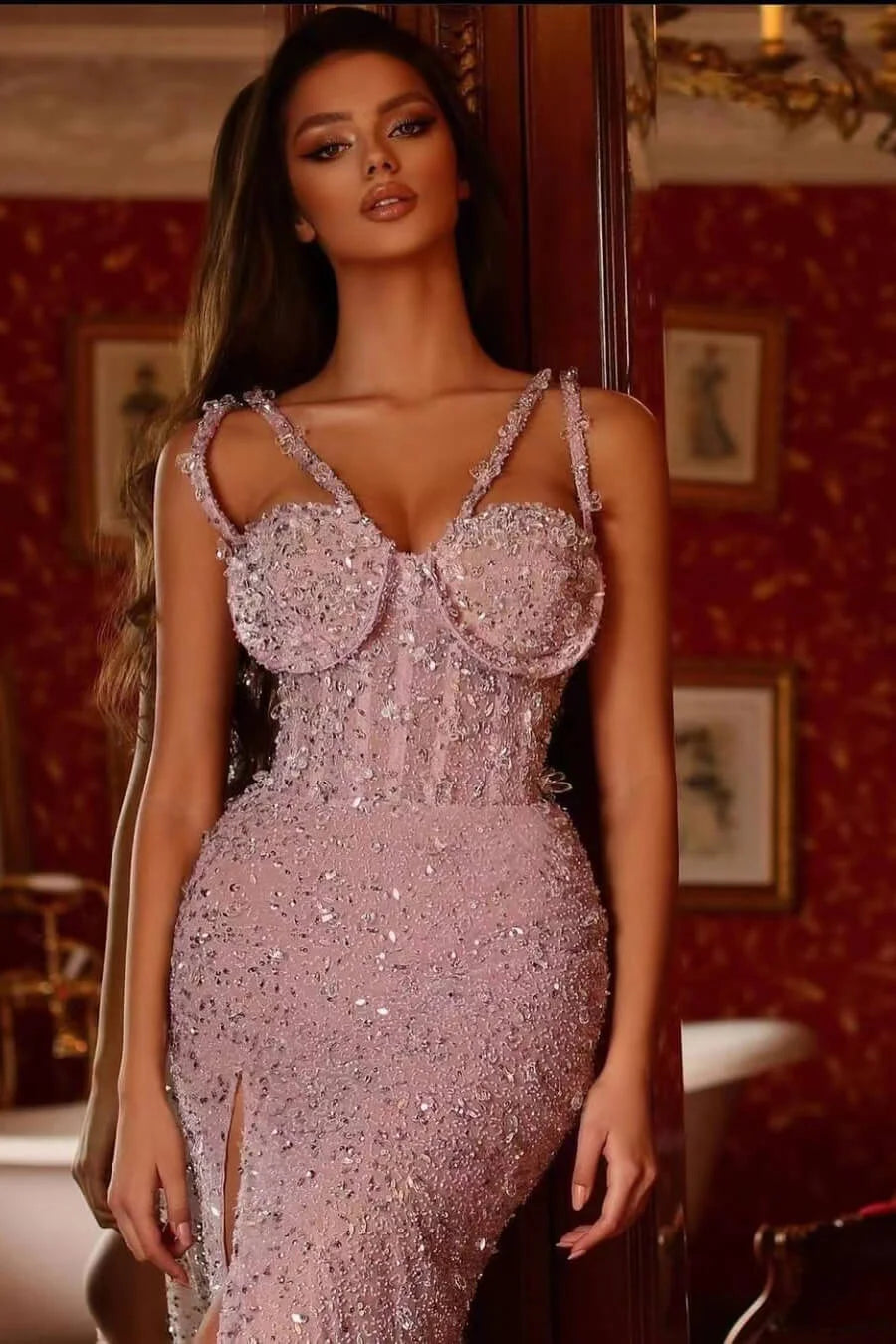 Classy Sleeveless Dusty Pink Mermaid Evening Dress Long Split With Sequins Beads-BallBride