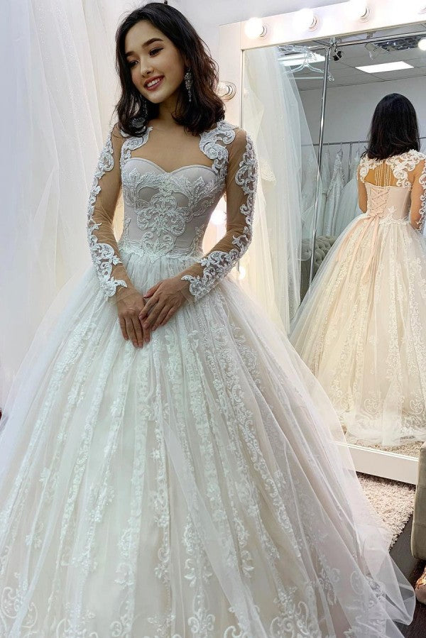 Classy Sweetheart Long Sleeves Lace Backless Tulle Wedding Dress with Appliques-Wedding Dresses-BallBride