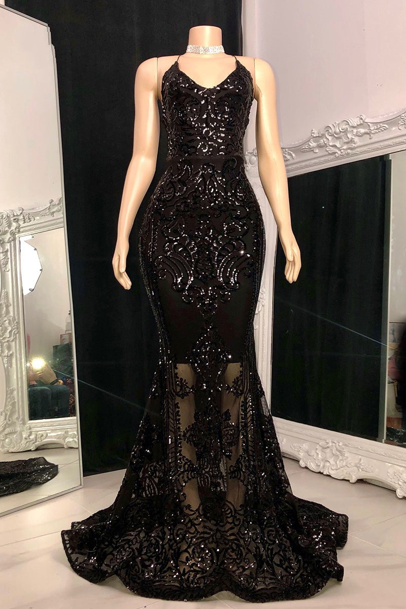 Classy V-Neck Sleeveless Prom Dress | Mermaid Sequins Long-Occasion Dress-BallBride