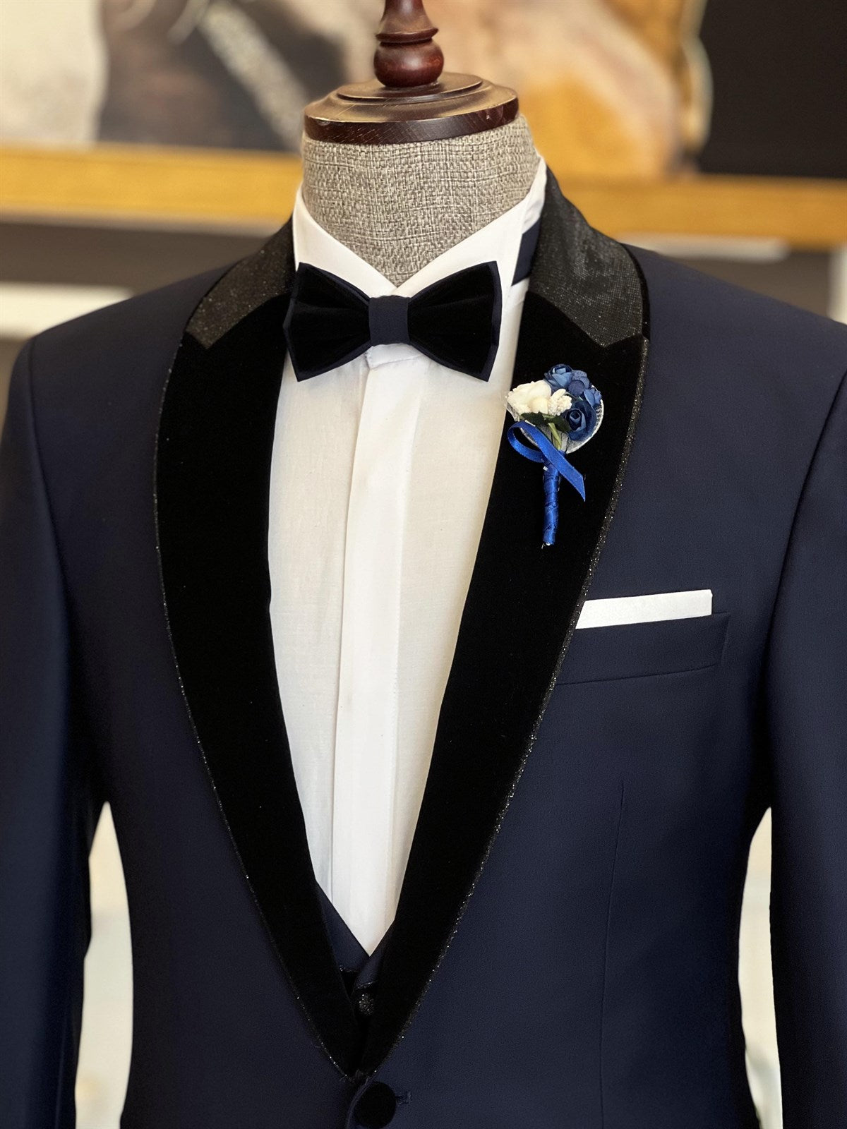 Clement Three Piece Men's Suit with Splicing Shawl Lapel in Newest Dark Blue-Wedding Suits-BallBride