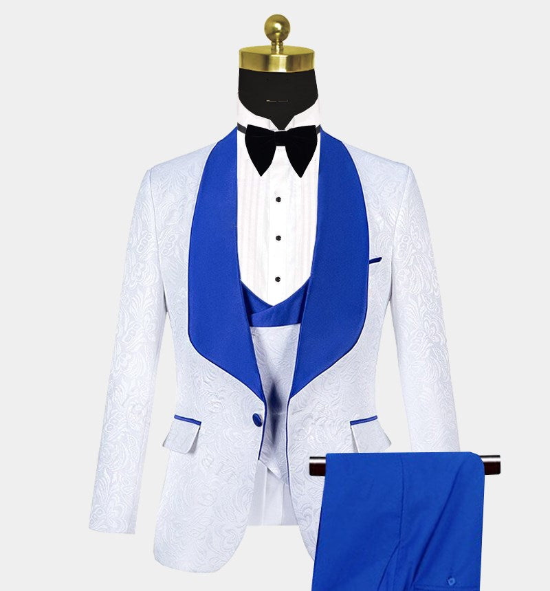 Cool White Jacquard Wedding Tuxedo with Blue Shawl Lapel-Wedding Suits-BallBride