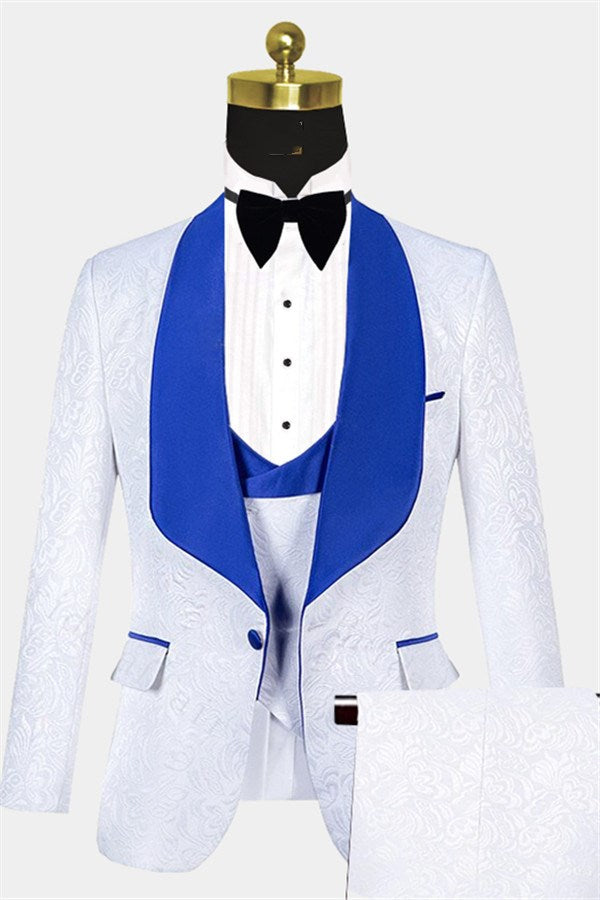 Cool White Jacquard Wedding Tuxedo with Blue Shawl Lapel-Wedding Suits-BallBride
