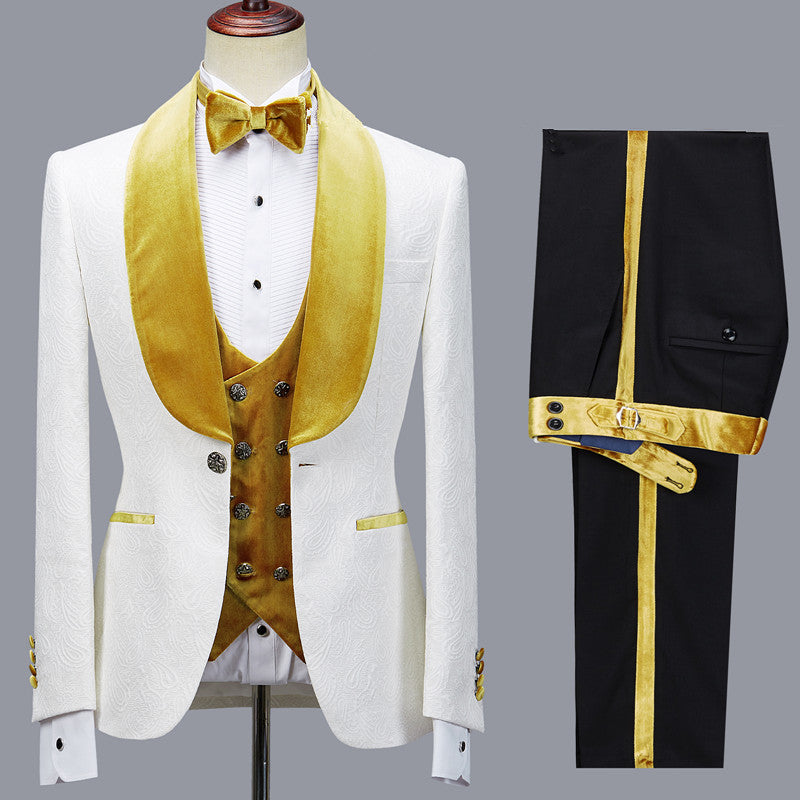 Cyrus 3-Piece White Wedding Suit with Velvet Lapel-Wedding Suits-BallBride
