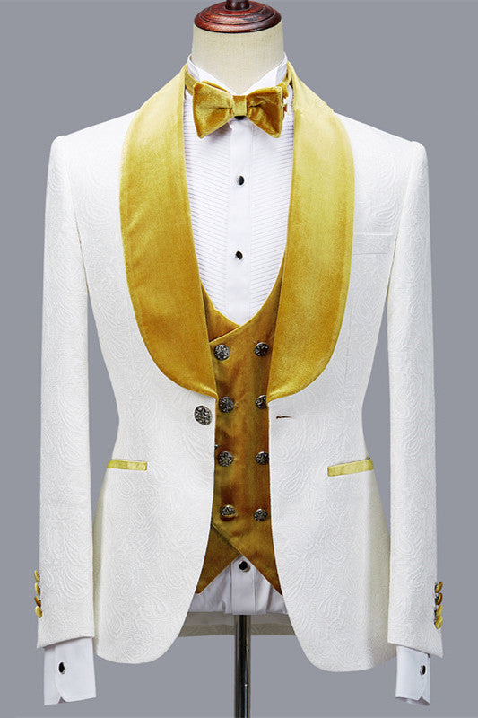 Cyrus 3-Piece White Wedding Suit with Velvet Lapel-Wedding Suits-BallBride