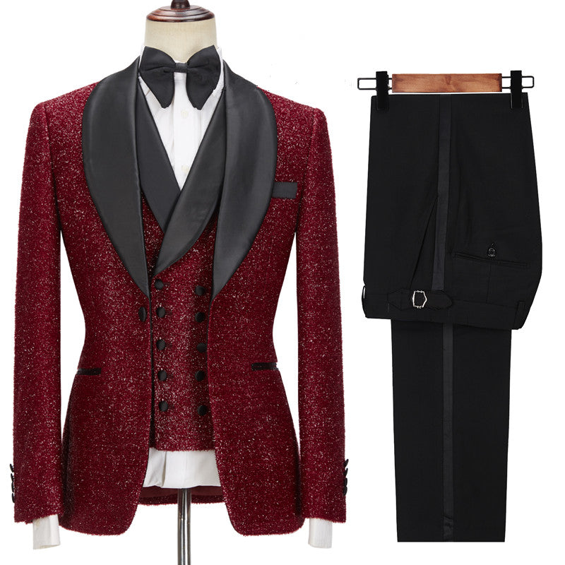 Damon Sparkle Red 3-Piece Wedding Suit with Black Shawl Lapel-Wedding Suits-BallBride