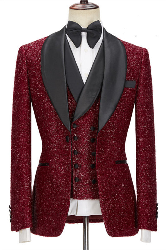 Damon Sparkle Red 3-Piece Wedding Suit with Black Shawl Lapel-Wedding Suits-BallBride