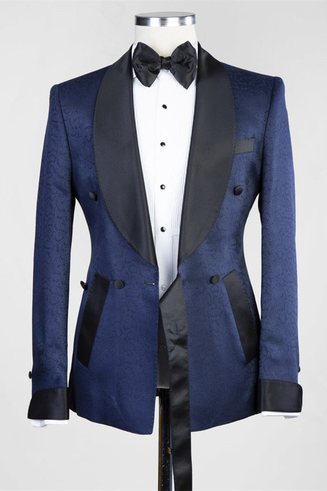 Dark Blue Jacquard Shawl Lapel Men Suits for Weddings by Cristopher-Wedding Suits-BallBride