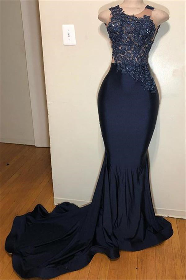 Dark Blue Mermaid Prom Dress with Sleeveless Appliques-BallBride