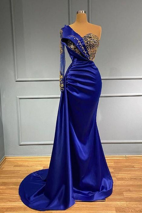 Dark Blue One Shoulder Mermaid Prom Dress With Beads-BallBride