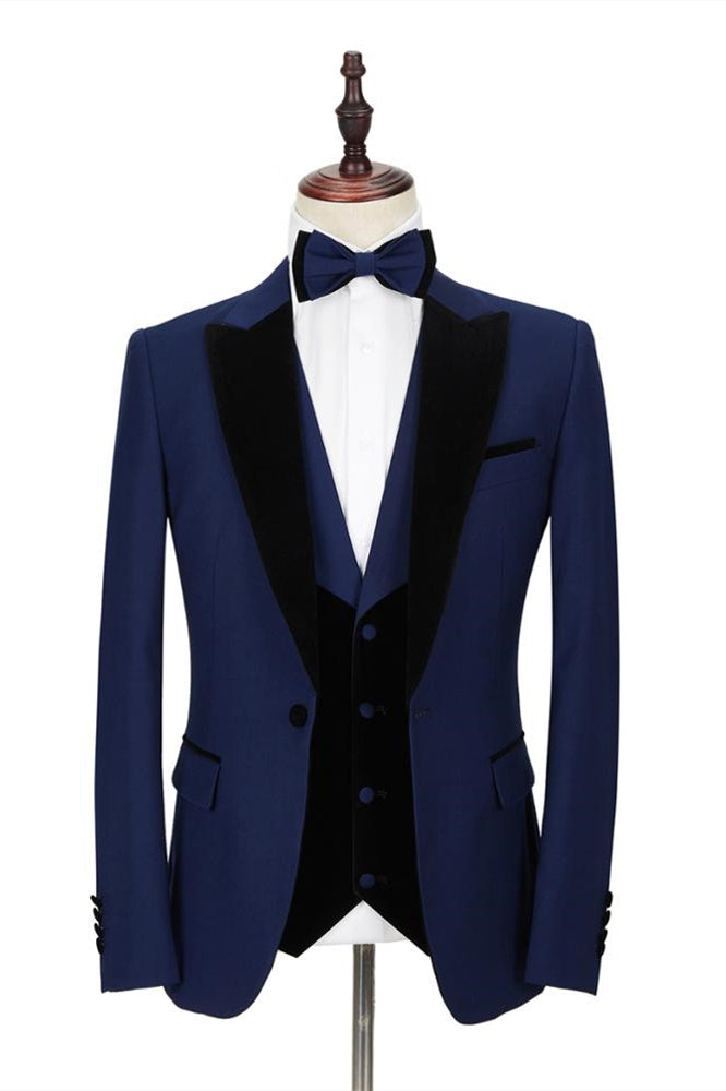 Dark Blue Peak Lapel Men's Wedding Suit | Velvet Lapel Formal Suit-Wedding Suits-BallBride