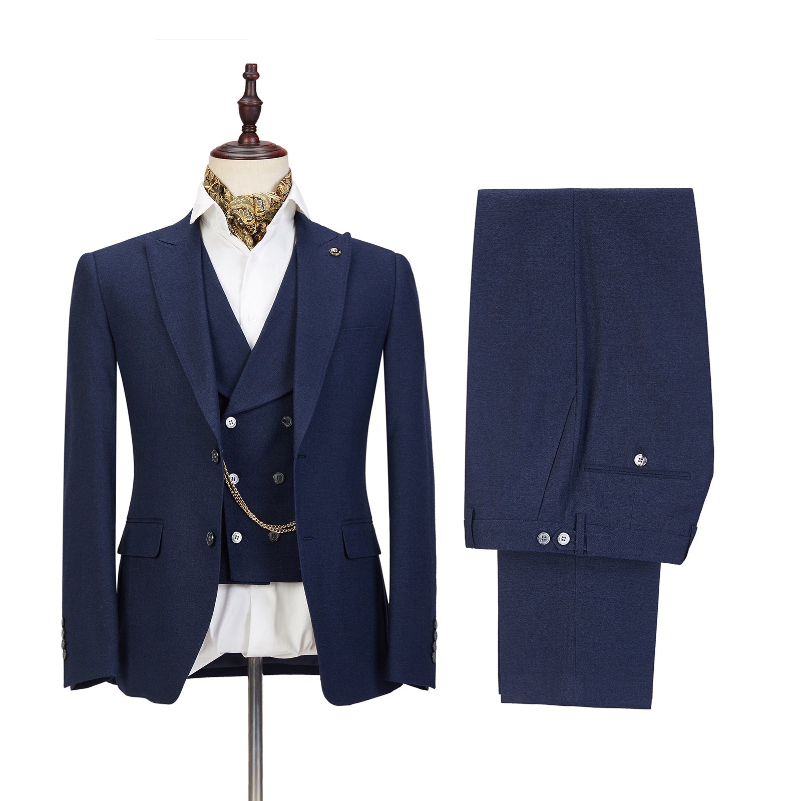 Dark Blue Three-Piece Peaked Lapel Wedding Suit For Men-Wedding Suits-BallBride