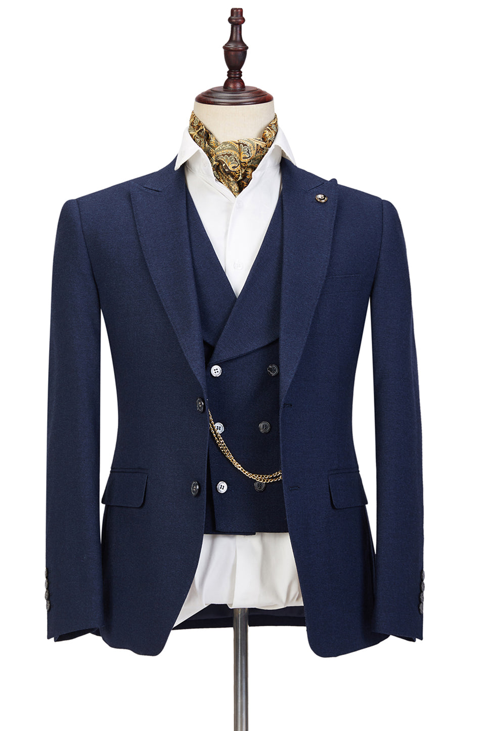 Dark Blue Three-Piece Peaked Lapel Wedding Suit For Men-Wedding Suits-BallBride