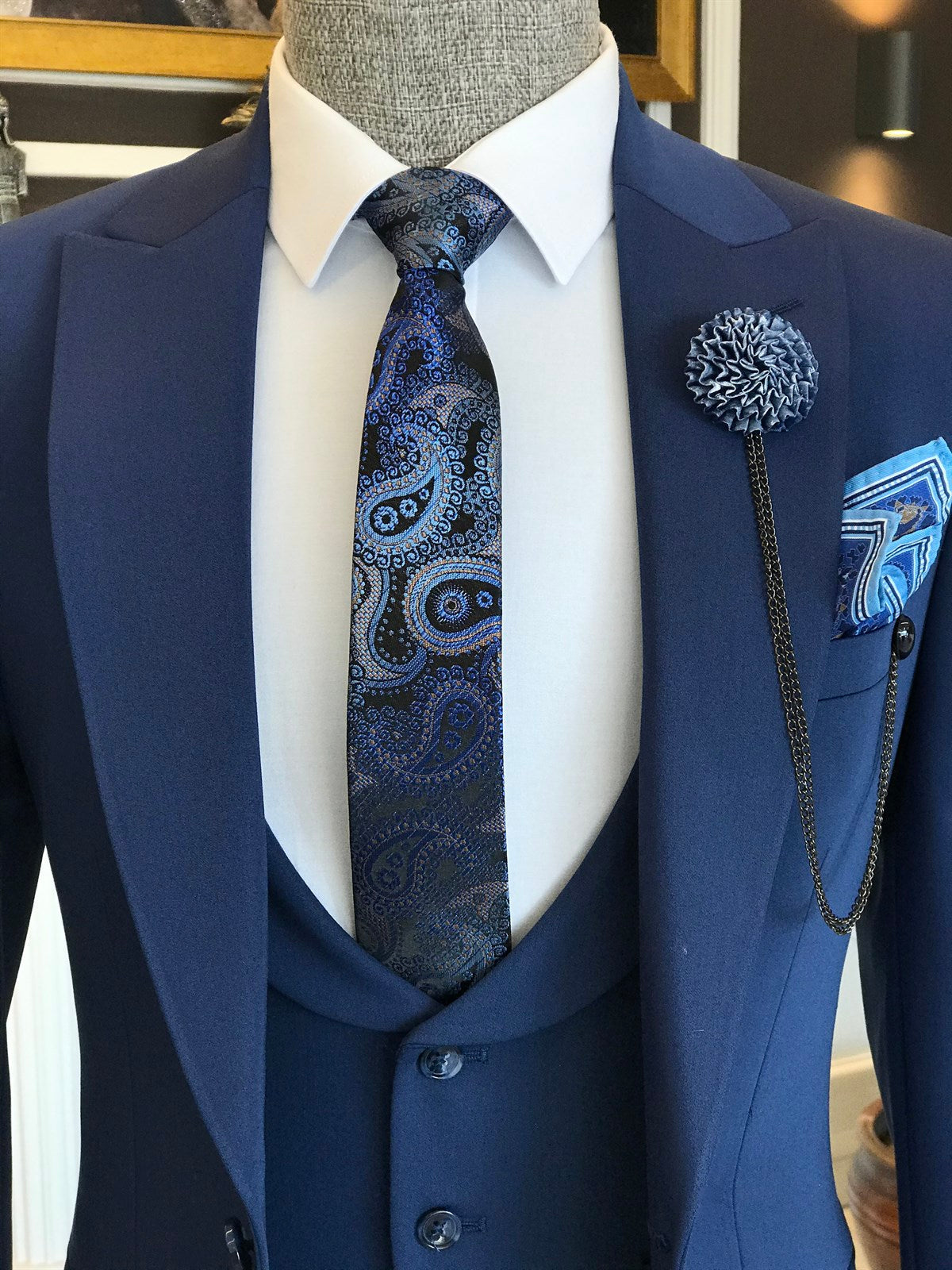 Dark Blue Three Pieces Peaked Lapel Derby Business Suit for Men-Wedding Suits-BallBride