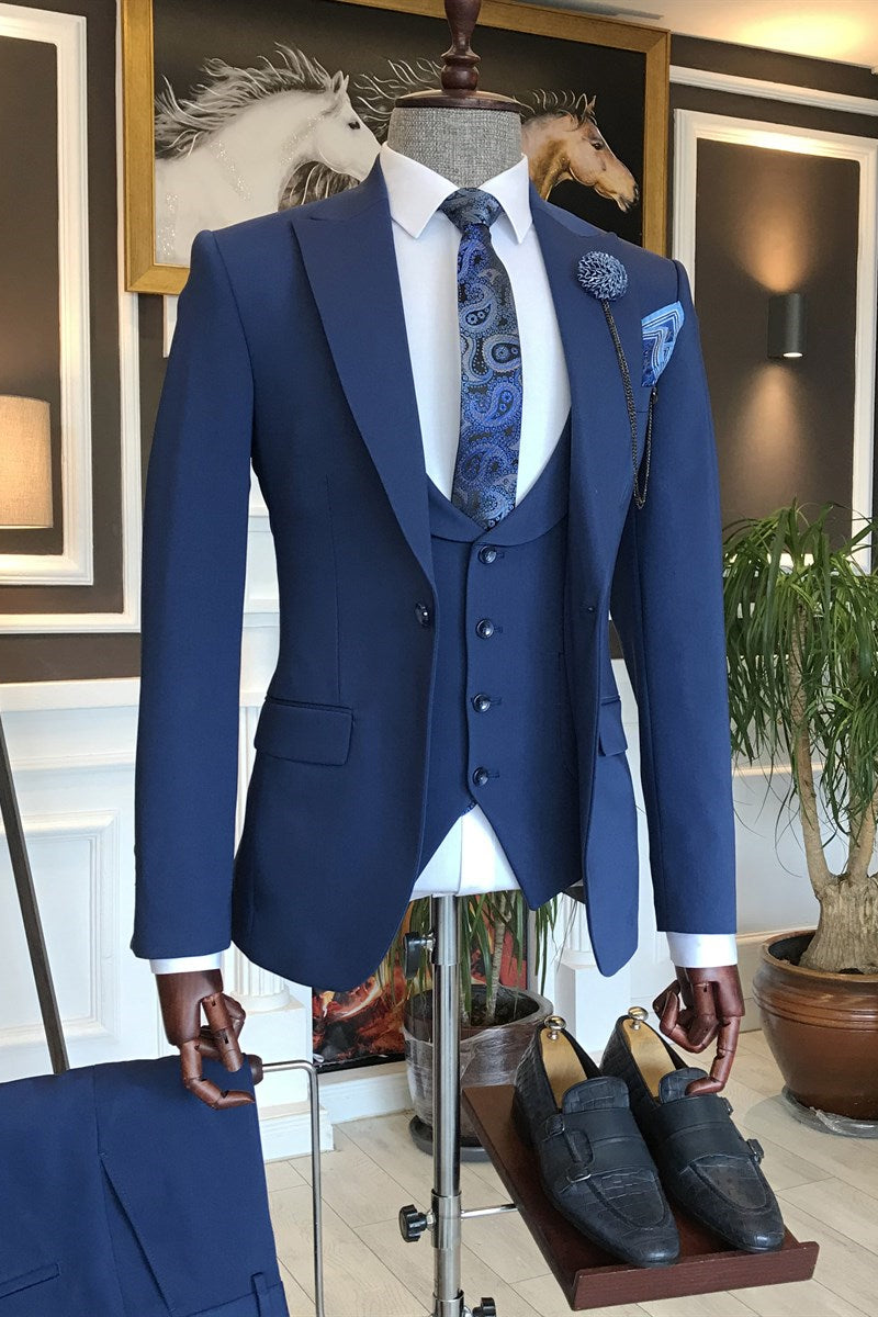 Dark Blue Three Pieces Peaked Lapel Derby Business Suit for Men-Wedding Suits-BallBride