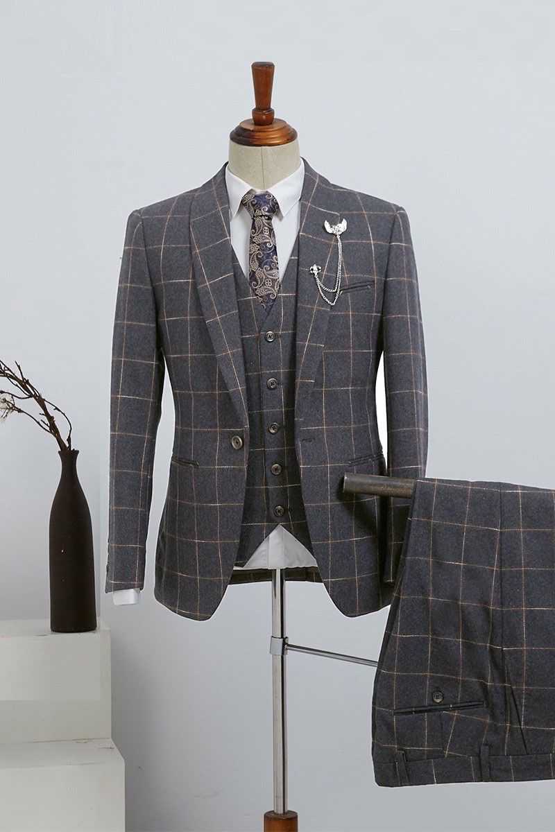 Dark Gray Plaid 3 Pieces Slim Fit Custom Business Suit by Barlow Fashion-Wedding Suits-BallBride